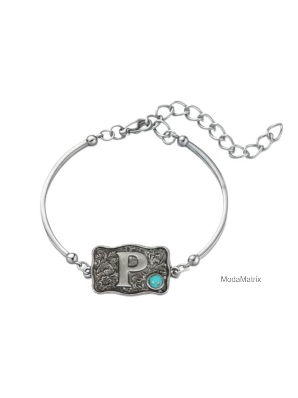 Western Initial Bangle Bracelet Turquoise Accent Adjustable Copper